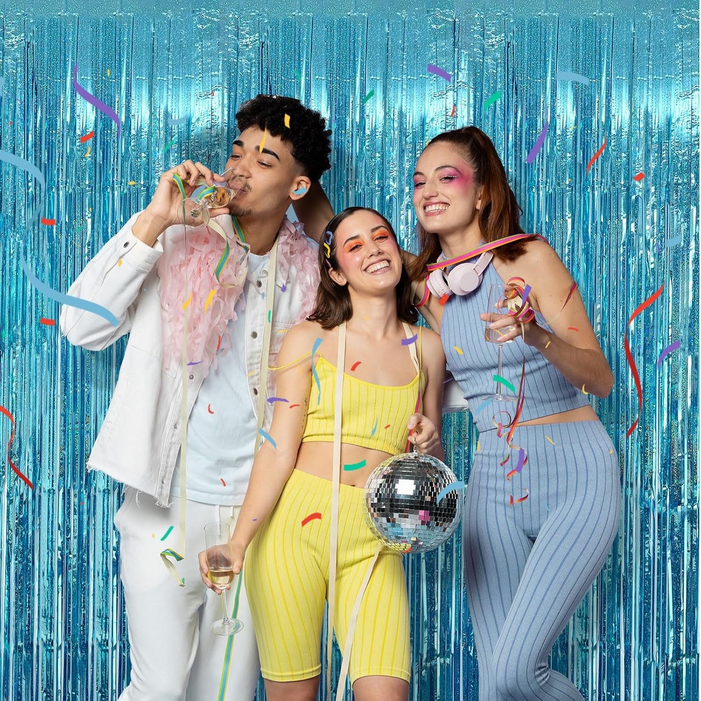 2 Pack Blue Streamers Party Decorations Tinsel Foil Fringe Curtains Photo Booth Celebration Birthday Decorations Ocean Party Decorations