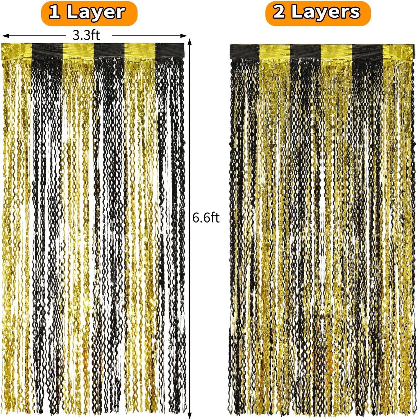 4 Pack Black and Gold Wavy Foil Fringe Curtains Pirthday Decorations,3.3 ft x 6.6 ft Metallic Foil Curtains Streamers for Party Photo Booth Props Background Decoration