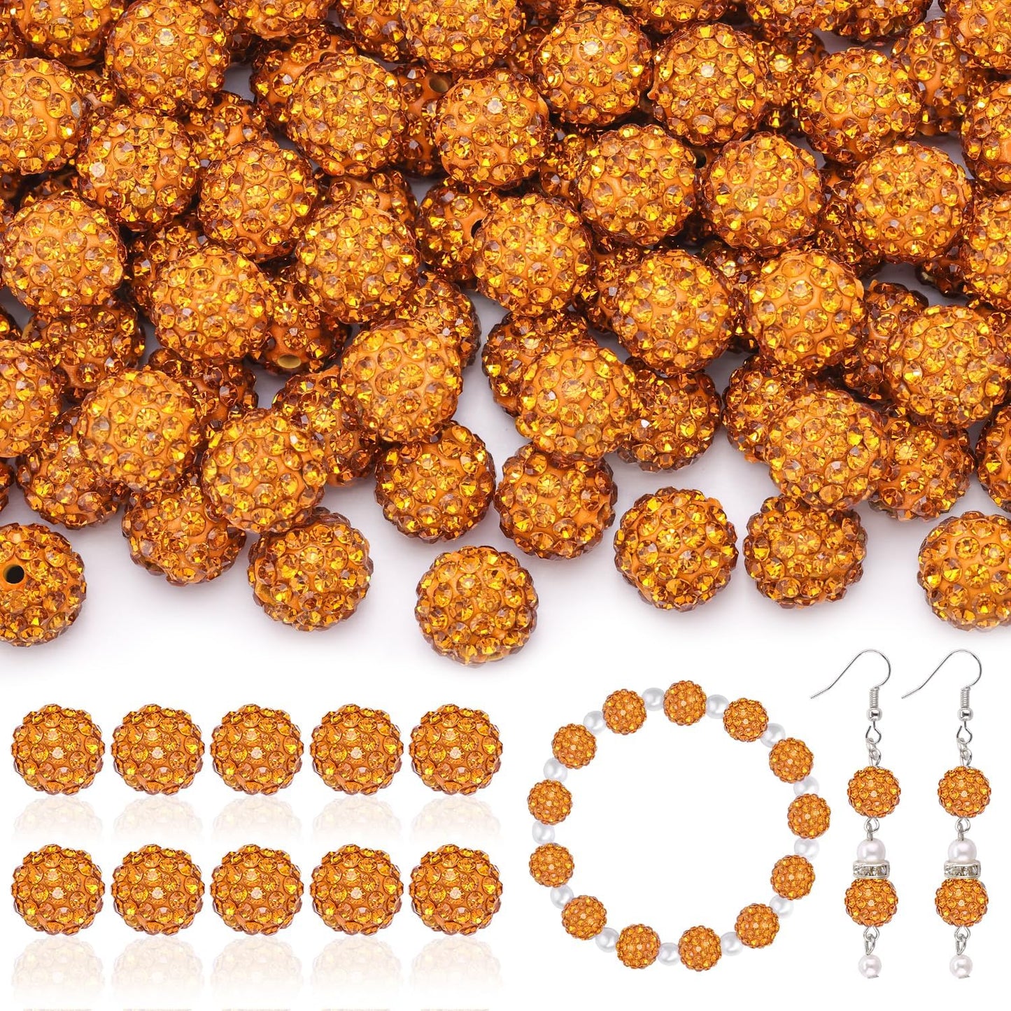 105pcs 10mm Rhinestone Beads for Jewelry Making, Golden Shiny Round Disco Ball Beads Bulk, Sparkle Crystal Clay Christmas for Bracelet Baseball Necklace Earring Crafting and DIY