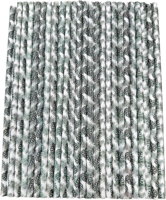 YAOSHENG [100 Pack] Pink & Gold Paper Straws Disposable, 100% Biodegradable Multi-Pattern Party Straws For Birthday, Wedding and Holiday Decoration (green leaf)