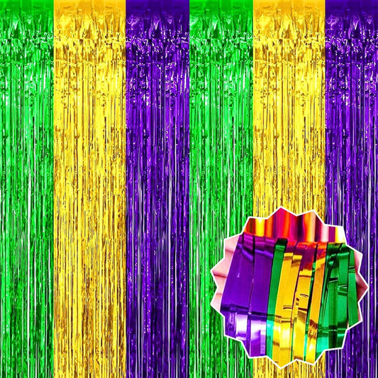3 Pack Gold Green Purple Foil Fringe Curtains Backdrop, 3.28 x 9.8 Ft Metallic Streamers Tinsel Curtains Background for Photo Booth, Birthday, Halloween, Christmas, New Year Party Decorations