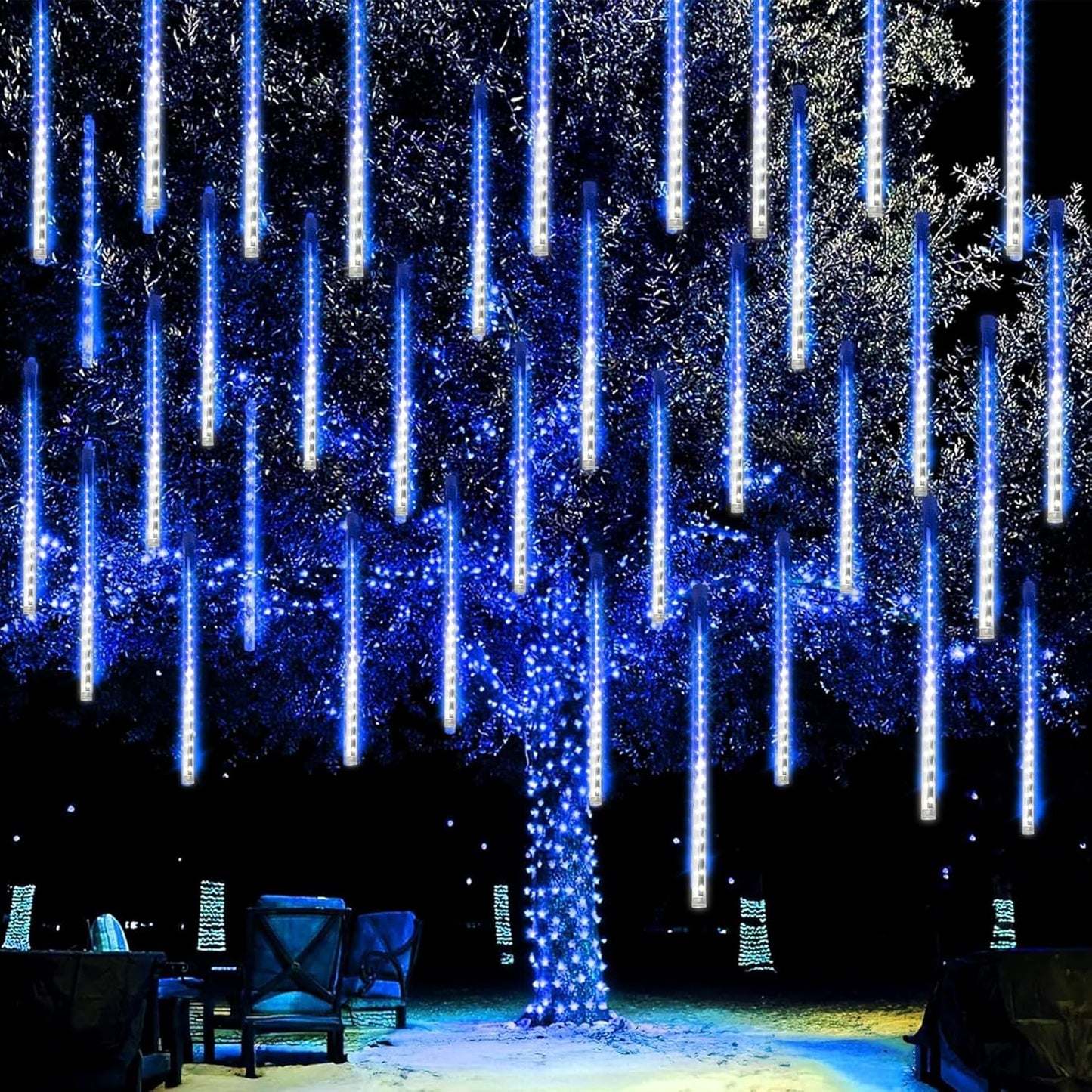 Dazzle Bright 288 LED Christmas Light, 11.8 Inch Meteor Shower Rain Lights with 8 Tubes，Waterproof Plug in Falling Rain Lights Christmas Decorations for Xmas Bushes Tree Yard Party, Blue and White