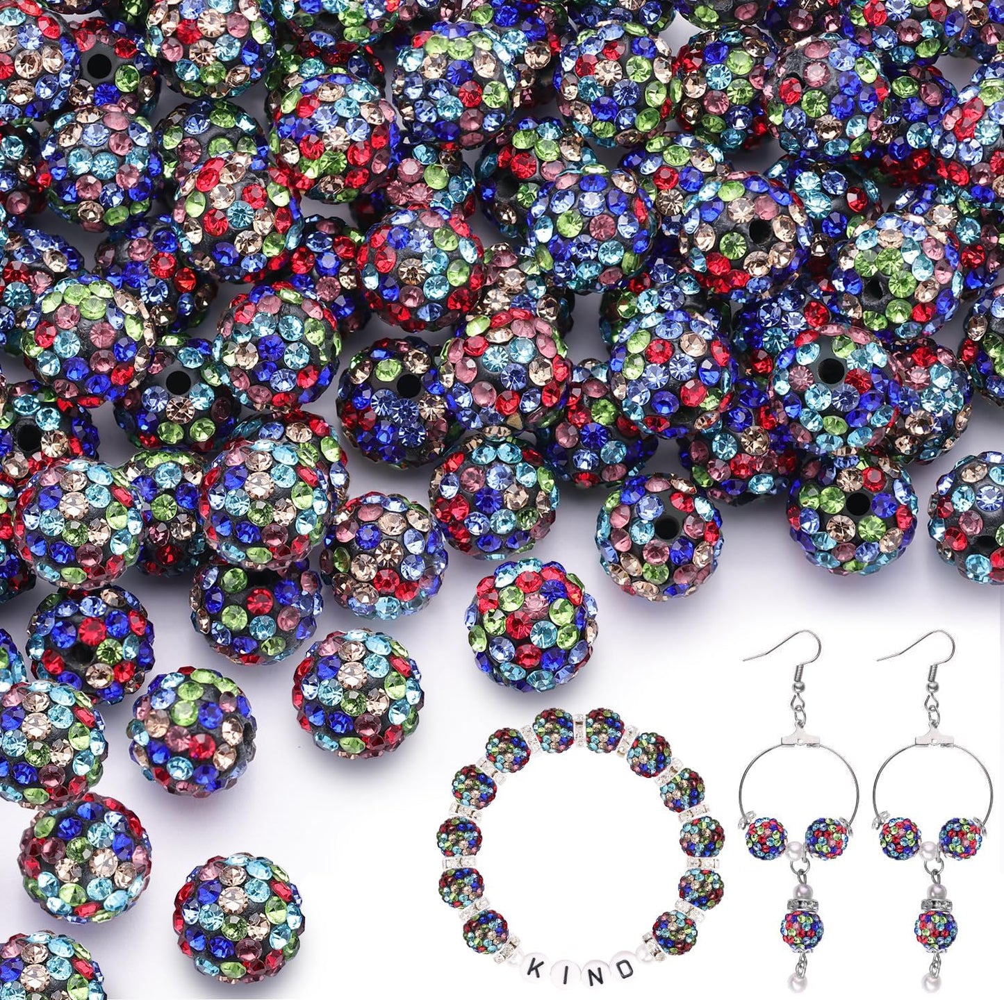 150pcs 10mm Rhinestone Beads for Jewelry Making, Black Mixed Shiny Round Shamballa Disco Beads Bulk, Sparkle Crystal Clay Christmas for Bracelet Baseball Necklace Earring Crafting and DIY