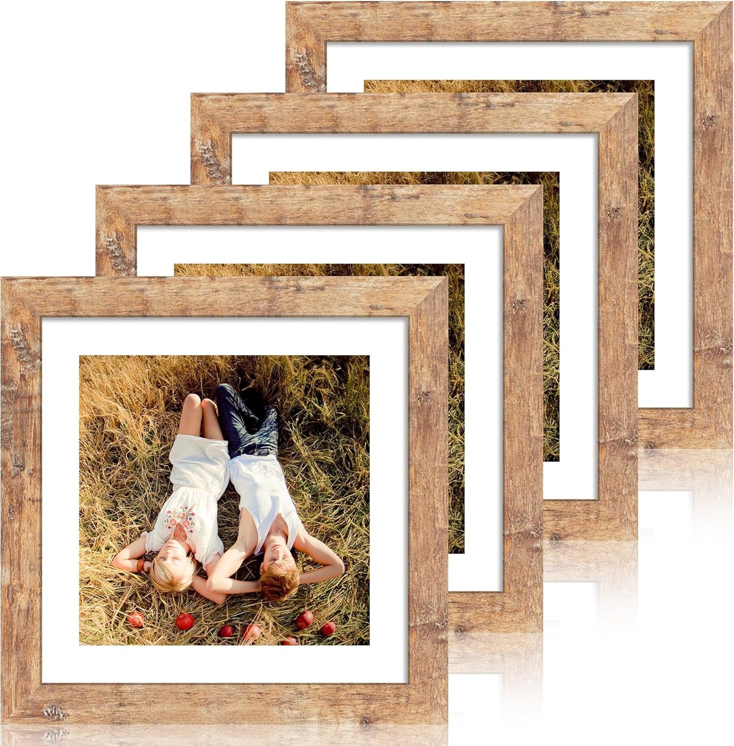 10x10 Picture Frame Set of 4 with Real Glass, Rustic Brown Frames Display 8x8 Picture with Mat or 10 x 10 Without Mat, Wooden Square Photo Frame for Wall Mount and Tabletop Display