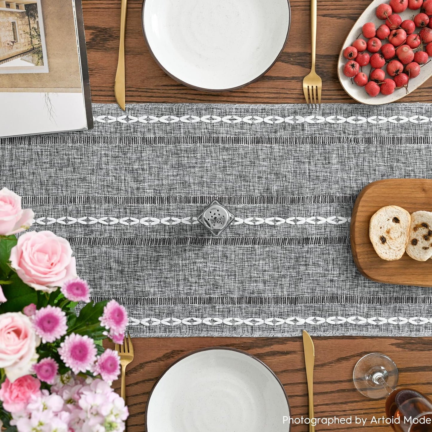 Artoid Mode Dark Grey Rustic Cotton Linen Table Runner, Seasonal Embroidered Hollow Kitchen Dining Table Decoration for Home Party Decor 13x36 Inch