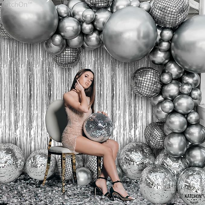 KatchOn, XtraLarge Silver Foil Fringe Curtain - 3.2x8 Ft, Pack of 2 | Streamers Backdrop for Disco Party Decorations | Silver Fringe Backdrop for Valentines, Anniversary, Disco Birthday Decorations