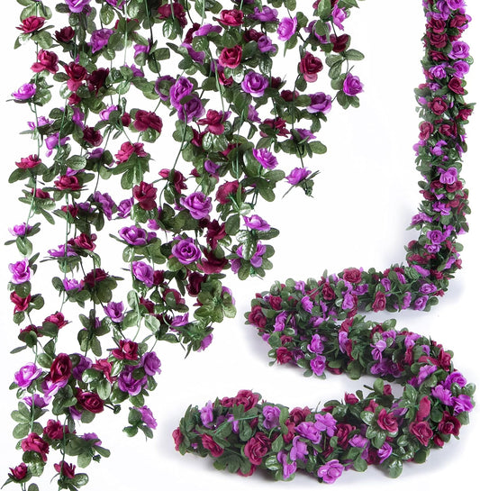 8 Pcs x 8.2 ft Flower Garland Artificial Rose Vine Flowers with Green Leaves Hanging Fake Roses Vine for Room Party Home Wedding Birthday Christmas Wall Arch Decor, Spring Purple Flower
