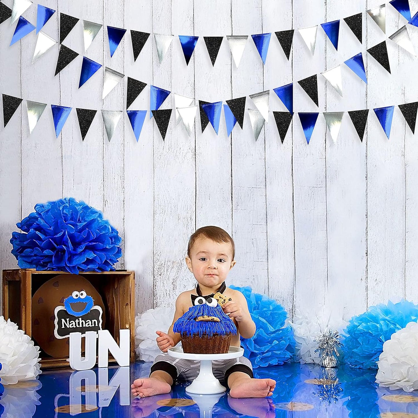 30Ft Navy Blue Black and Silver Party Decorations Royal Blue Triangle Flag Pennant Banner Bunting for Graduation Birthday Wedding Bridal Shower Nautical Ahoy Achor Theme Party Decorations Supplies