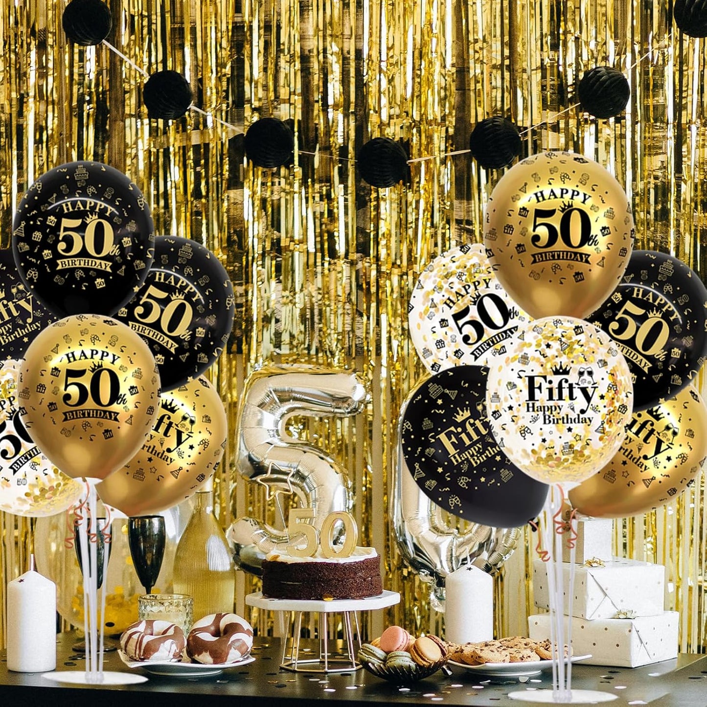 TONIFUL 4 Set Black Gold Balloon Stand Kit for Birthday Decorations for 50th,Balloon Centerpieces for Table Party Decorations Cheers to 50 Years Old Birthday for Men and Women