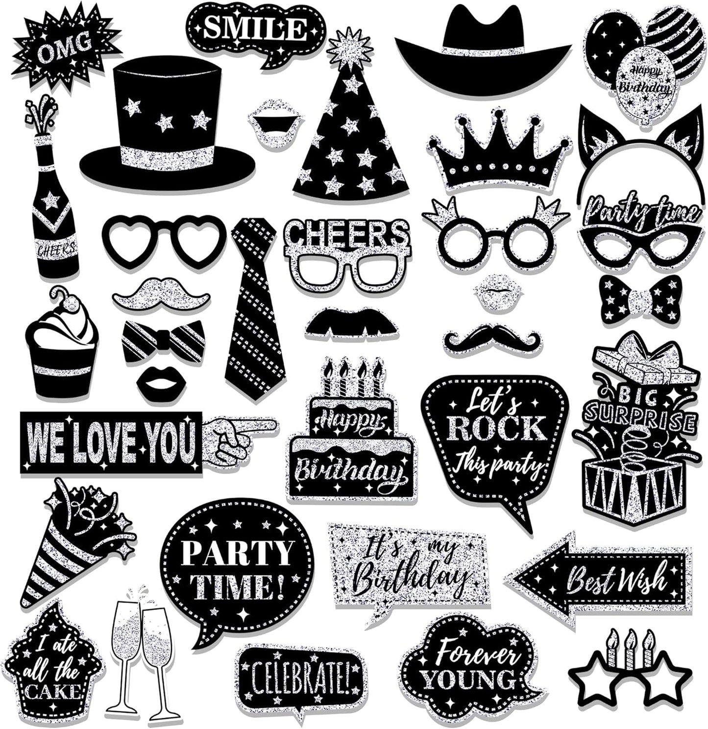 36 PCS Birthday Photo Booth Props Party Supplies Holiday Picture Decorations Photo Booth Props for Birthday Party Favors Pose Sign Kit Fun for Party (Silver and Black)