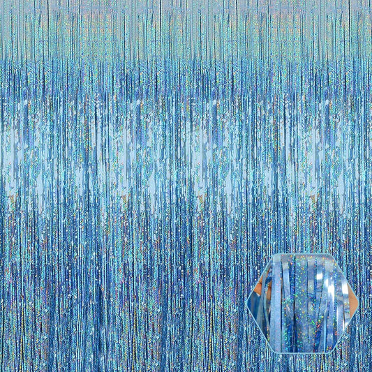 3 Pack Light Blue Foil Fringe Curtain Backdrop, 3.28Ft x 8.2Ft Metallic Tinsel Foil Fringe Streamer Curtains for Photo Booth, Mother's Day, Easter, Birthday, Wedding Party Decorations