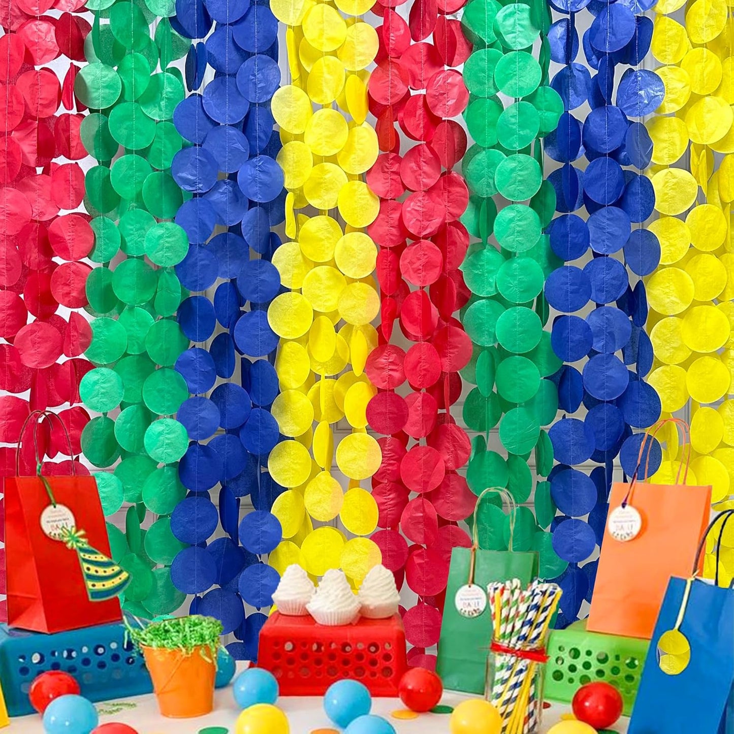 205Ft Super Mario Party Decorations Red Green Blue Yellow Big Polka Dot Tissue Paper Backdrop Streamer Circle Dot Hanging Garland for Birthday Baby Shower Carnival Circus Clown Fiesta Colorful Party