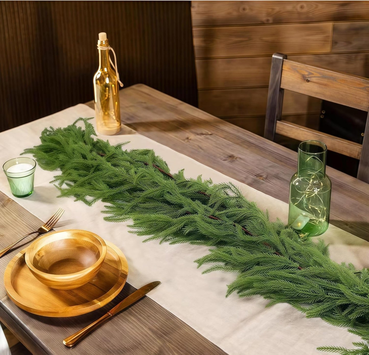 Christmas Decorations Artificial Norfolk Pine Garlands 6FT 2Pcs, Real Touch Winter Pine Garland, Green Artificial Greenery Garland for Table, Mantle, Wall, Indoor, Outdoor Decorations