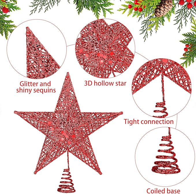 Fovths Christmas Tree Topper 8 Inches Metal Glittered Christmas Tree Topper Wire Star Treetop Sparkle Xmas Decoration for Christmas Tree Ornament Indoor New Year Holiday Party Supplies (Red)