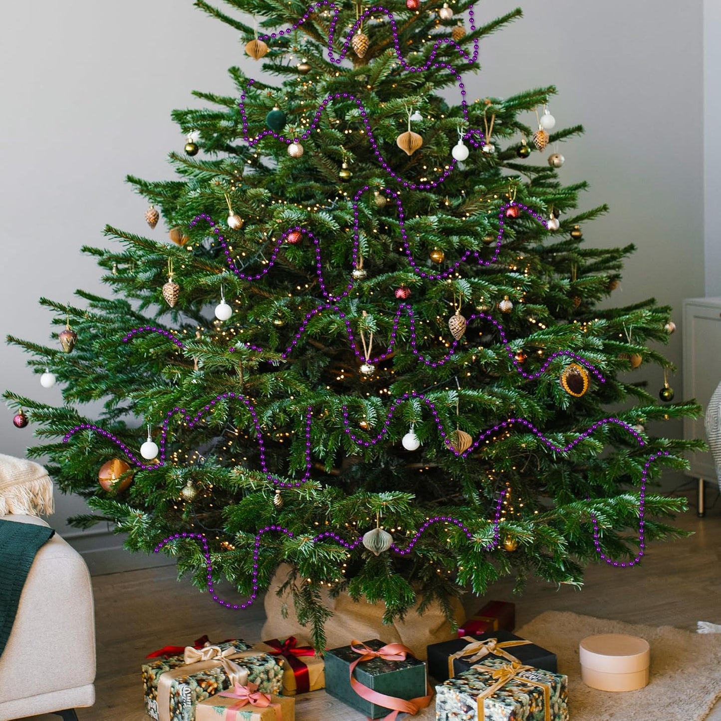 100 Feet Purple Christmas Decorations for Tree, Artificial Garland for Christmas Tree, Christmas Beads Garland for Xmas Tree Decorations Home Fireplace Balcony Party DIY Decor