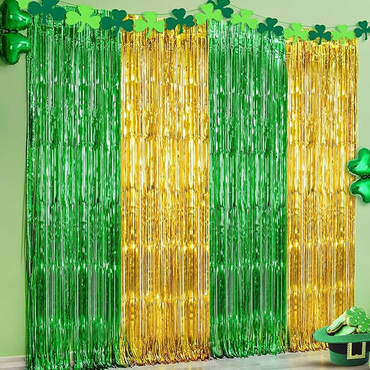 KatchOn, Green and Gold Foil Fringe Curtains - 6.5x6.5 Feet | St Patricks Day Backdrop for St Patricks Day Decorations