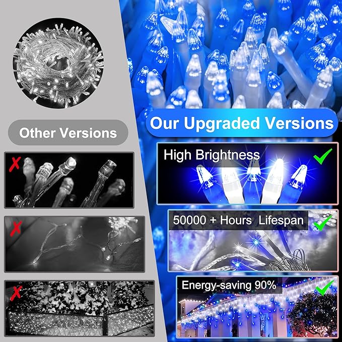 504 LED Fairy lights for Bedroom, 50ft Christmas Window Lights with 112 Drops 12 Modes, Dimmable Curtain Lights, String Lights Indoor Outdoor for Holiday Wedding Party Home Decorations, Blue & White