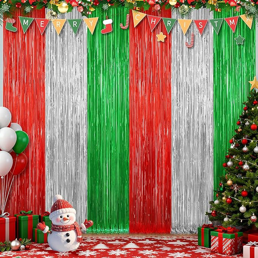 2 Pack Christmas Metallic Tinsel Foil Fringe Curtains, Door Streamers Photo Booth Backdrop for Birthday Party, Tinsel Curtain Backdrop for Christmas Theme Party Decorations, Red Silver and Green