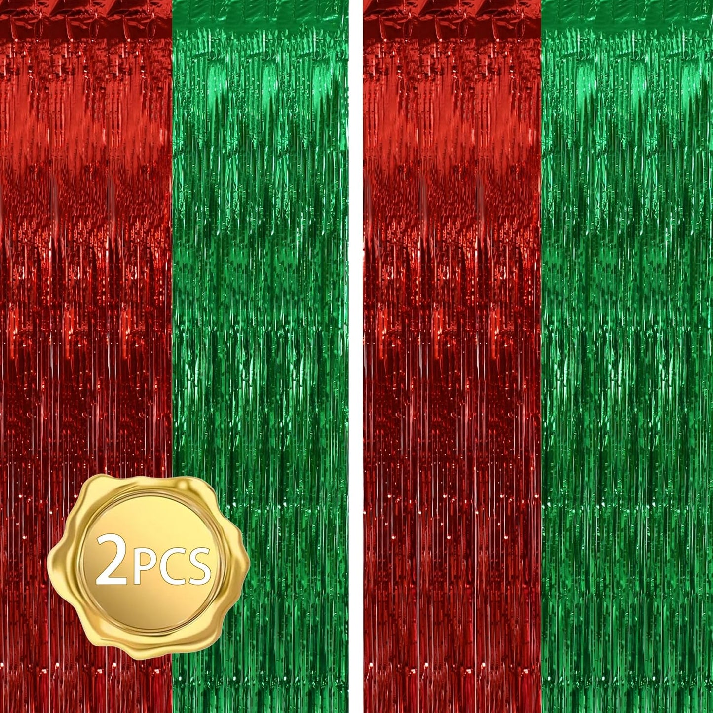 BEISHIDA 2Pcs Red Green Door Streamer Merry Christmas Backdrop Foil Fringe Tinsel Curtains Backdrop for Christmas Day Party Decoration (3.28 ft x 6.56 ft)