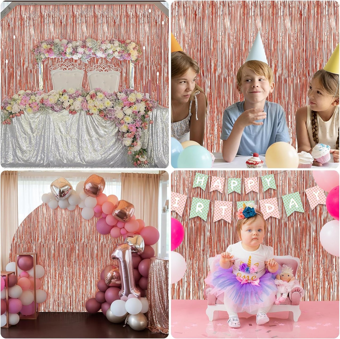 Crosize 3 Pack Rose Gold Foil Fringe Backdrop Curtains, 3.3 x 9.9 ft, Party Decorations