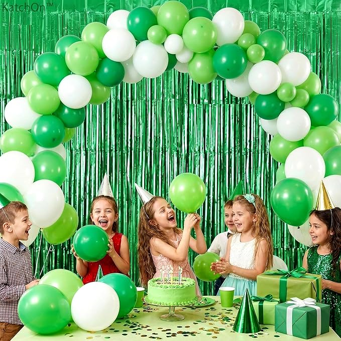 KatchOn, Green Streamers - 3.2x8 Ft, Pack of 2 | Green Backdrop for Dinosaur Birthday Decorations | Christmas Backdrop for Christmas Decorations Indoor | Door Streamers for Jungle, Safari Party Decor