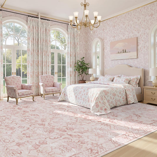 Deerly Pink Area Rugs 10x12 for Living Room Soft Non-Slip, Large Bedroom Rug Vintage Dining Room Rug Tribal Farmhouse Carpet for Dining Room Office