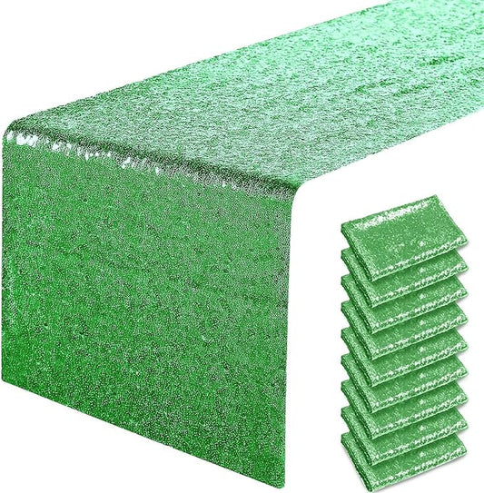 10 Packs 12 x 72 inches Grass Green Sequin Table Runner, Glitter Runner for Birthday Party Supplies Decorations Wedding Bachelorette Holiday Celebration Bridal Shower Baby Shower