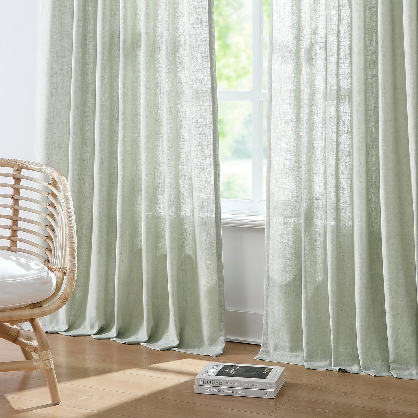 Vision Home Soft Green Pinch Pleated Semi Sheer Curtains Textured Linen Blended Light Filtering Window Curtains 102 inch for Living Room Bedroom Patio Pinch Pleat Drapes with Hooks 1 Panel 60"Wx102"L