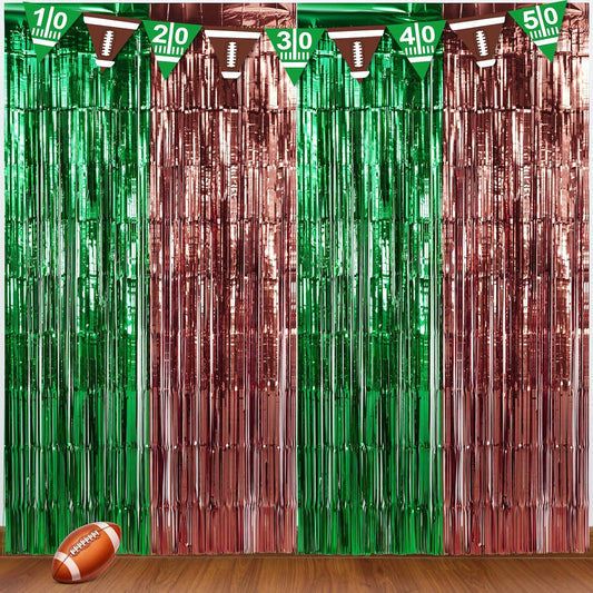 3 Pack 3.3x6.6Ft Superbowl Football Foil Fringe Curtain Backdrop Decorations, Dark Green and Brown Metallic Tinsel Foil Streamers Curtain Photo Background for Superbowl Sports Football Birthday Party