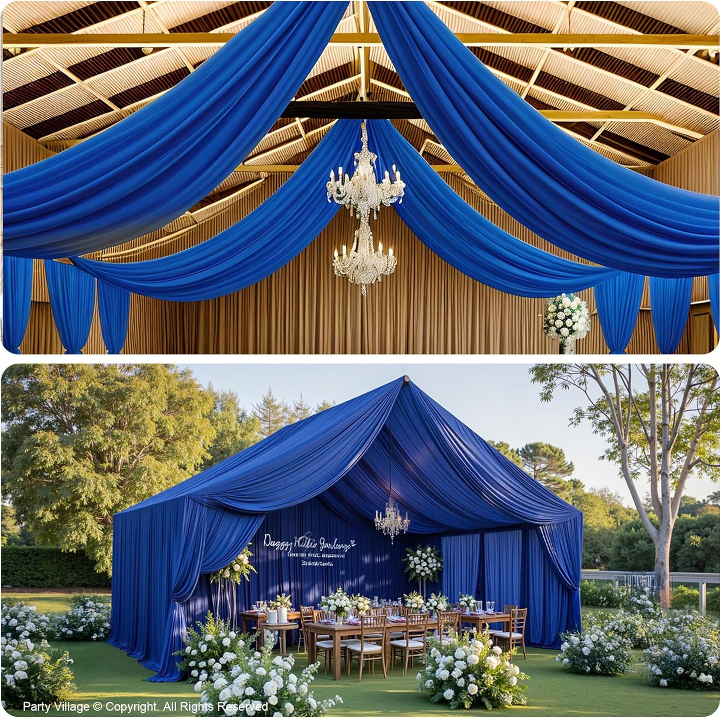 PartyVillage 10ftx40ft Royal Blue Ceiling Curtain for Wedding Parties – 2 Panels Wrinkle-Free 40 FT Long Tent Draping Curtains for Wedding, Birthday & Theme Parties, 40ft Height with Rod Pocket