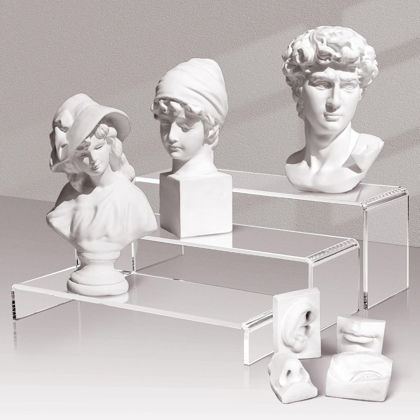 1 Set Large Acrylic Clear Display Risers, 3 Sizes 12" Rectangular Showcase Collectibles Display Shelf, 5 mm Thick Desktop Display Stand Holder for Figures, Jewelry, Perfume, Toys