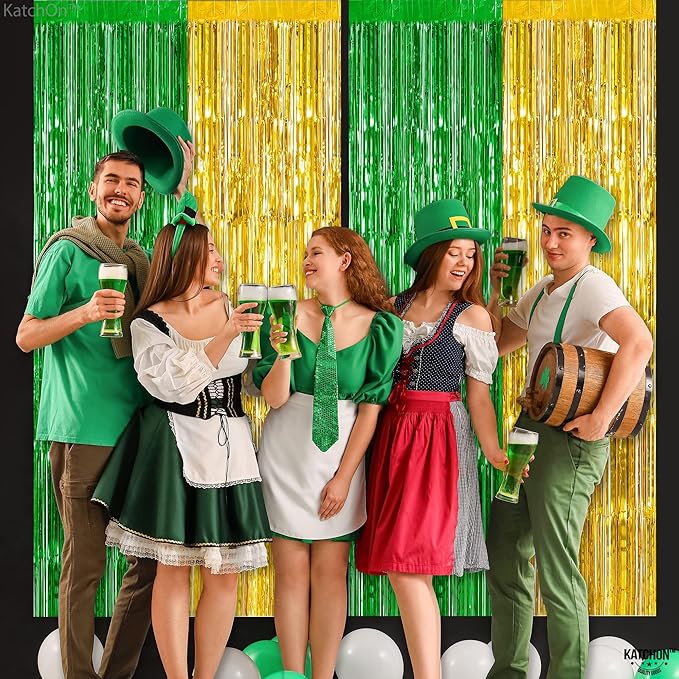 KatchOn, Green and Gold Foil Fringe Curtains - 6.5x6.5 Feet | St Patricks Day Backdrop for St Patricks Day Decorations