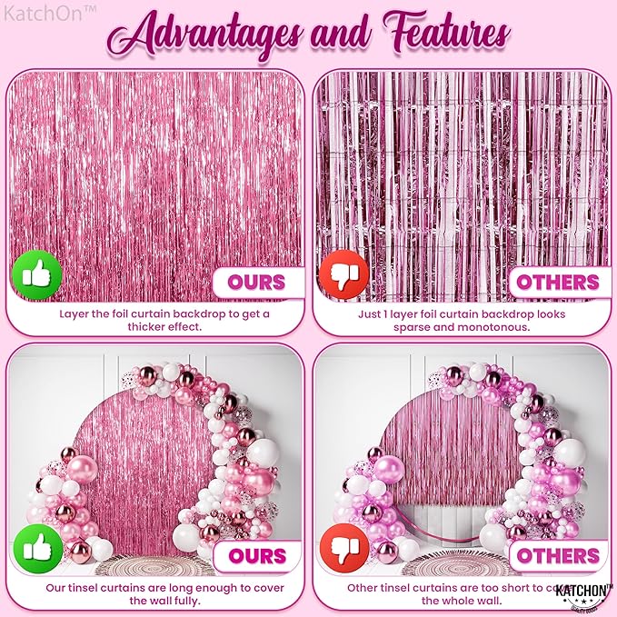 KatchOn, Pink Streamers for Pink Party Decorations - XtraLarge 3.2x8 Feet, Pack of 2 | Pink Backdrop for Galentines Day Decorations, Valentines Day Decorations, Birthday and Baby Shower Decorations