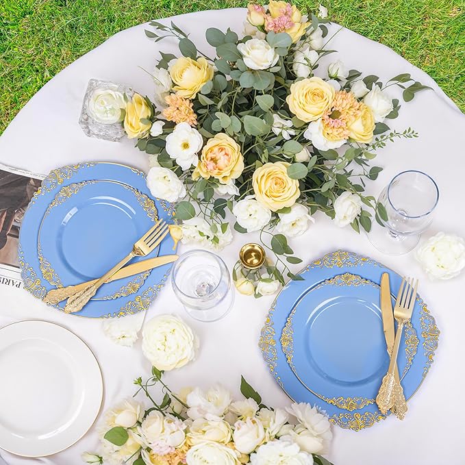 125PCS Blue and Gold Plastic Plates - Airy Blue Disposable Plate - Gorgeous Plates with Gold Plastic Silverware Sets for 25 Guests for Party & Wedding & Spring