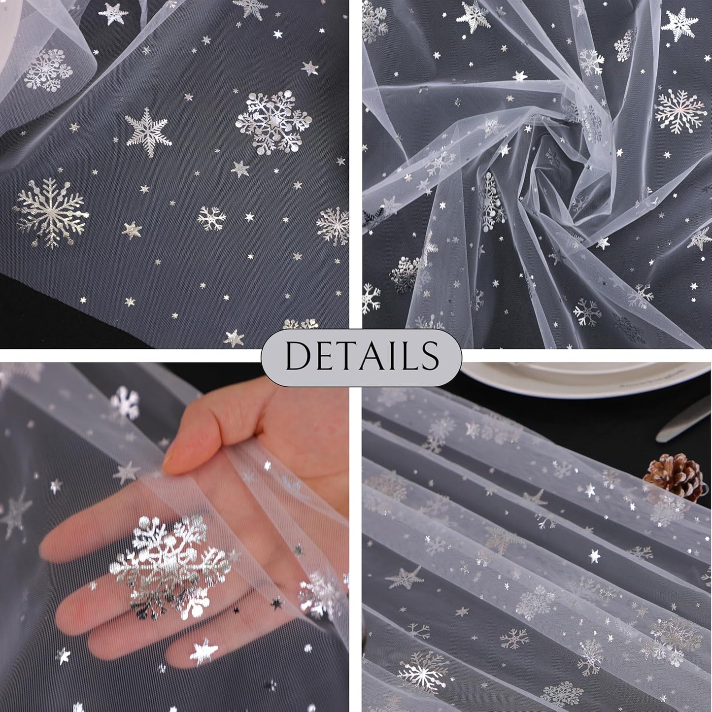 Snowkingdom Christmas Snowflake Cheesecloth Table Runner Silver 120 Inch Sheer Chiffon Gauze Runner, Winter Decorations Sparkly Sequin Metallic Party dining Table for Christmas Winter Holiday New Year