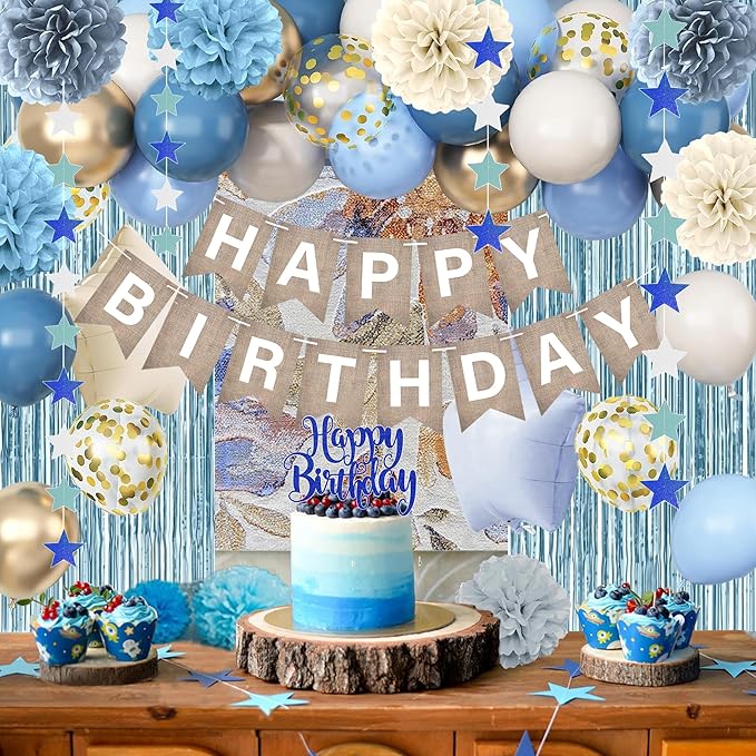 Light-Blue Birthday Decoration, Dusty Blue Sand White Confetti Foil Balloons Set With Happy Birthday Banner Fringe Curtains, Pom Poms, Blue Party Décor for Boys Girls Women Men