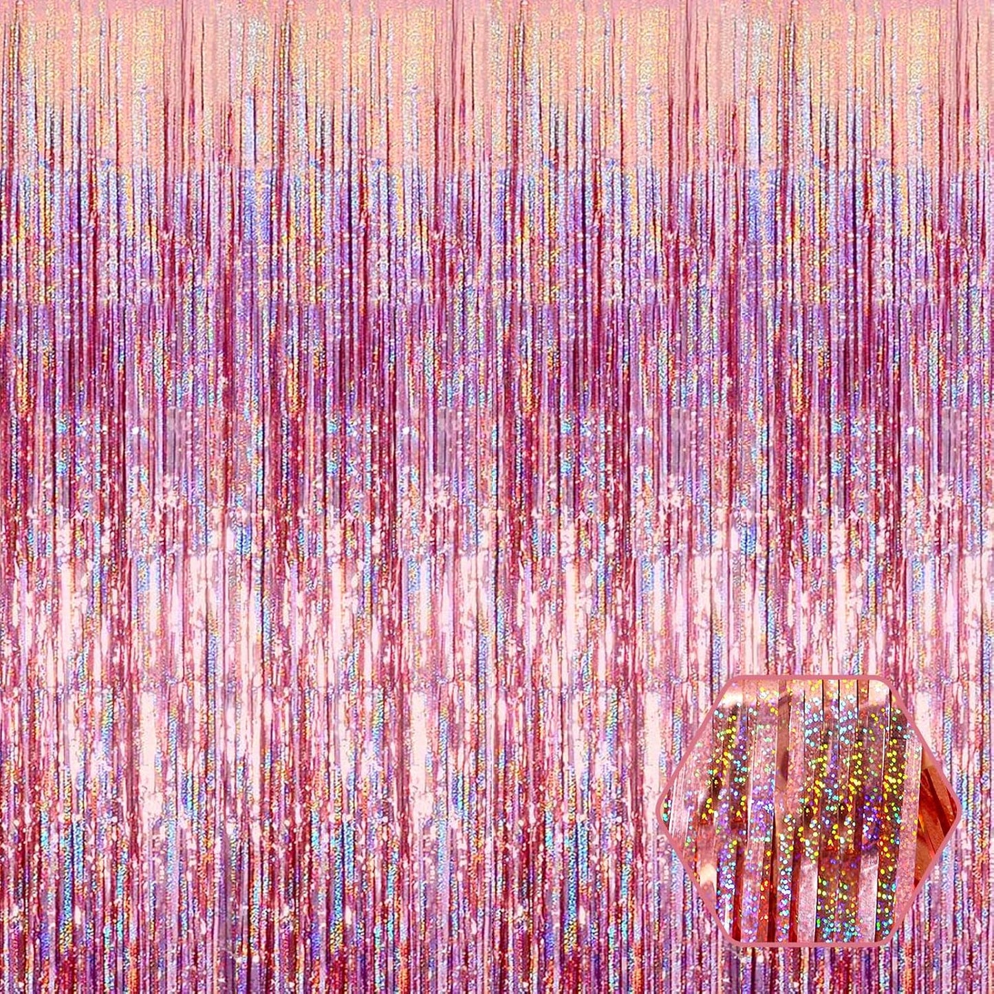 3 Pack Rose Gold Foil Fringe Curtain Backdrop, 3.28Ft x 8.2Ft Metallic Tinsel Foil Fringe Streamer Curtains for Photo Booth, Christmas Day, New Year, Wedding Party Decorations