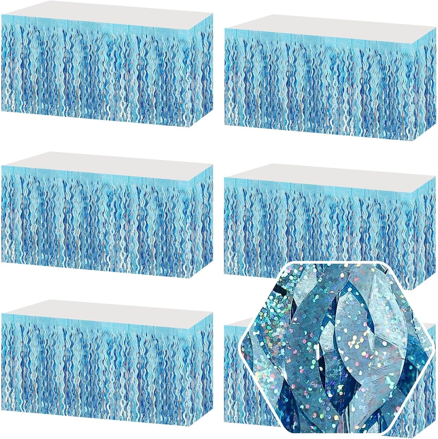 6Pack 29 x108 Inch Light Blue Wave Foil Fringe Table Skirts Metallic Banner for Tinsel Streamer Garland Backdrop for Parade Floats, Mother's Day, Easter, Graduate, Birthday, Wedding Party Decoration