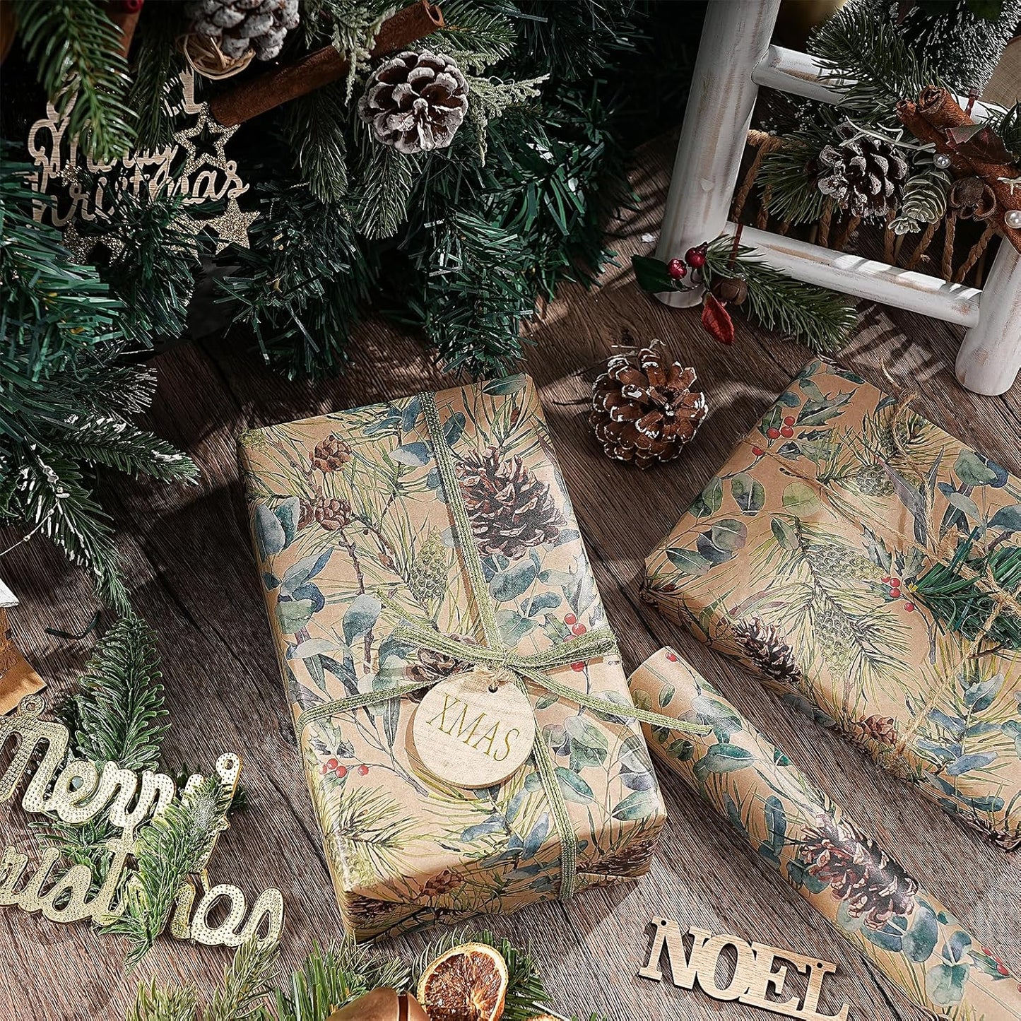 RUSPEPA 30" X 32.8' Kraft Christmas Wrapping Large Paper Roll, Jumbo Roll, Watercolor Pinecone and Eucalyptus Leaf Design, Kraft Gift Wrap for Christmas, Winter Holiday Party, Rustic Natural Theme