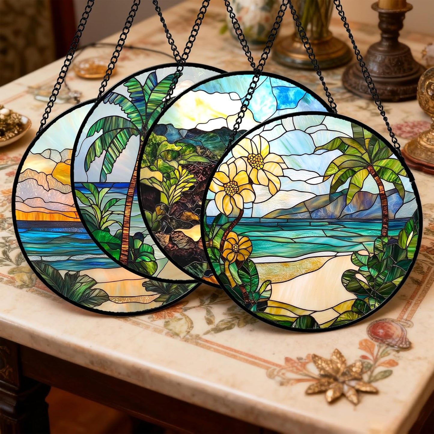 Stained Glass Window Hanging 4 Pcs Set Blue Ocean Coconut Tree Scenery Large 15" - Suncatcher Door Garden Sun Catcher Decor Birthday Christmas for Mom Woman Nana Men