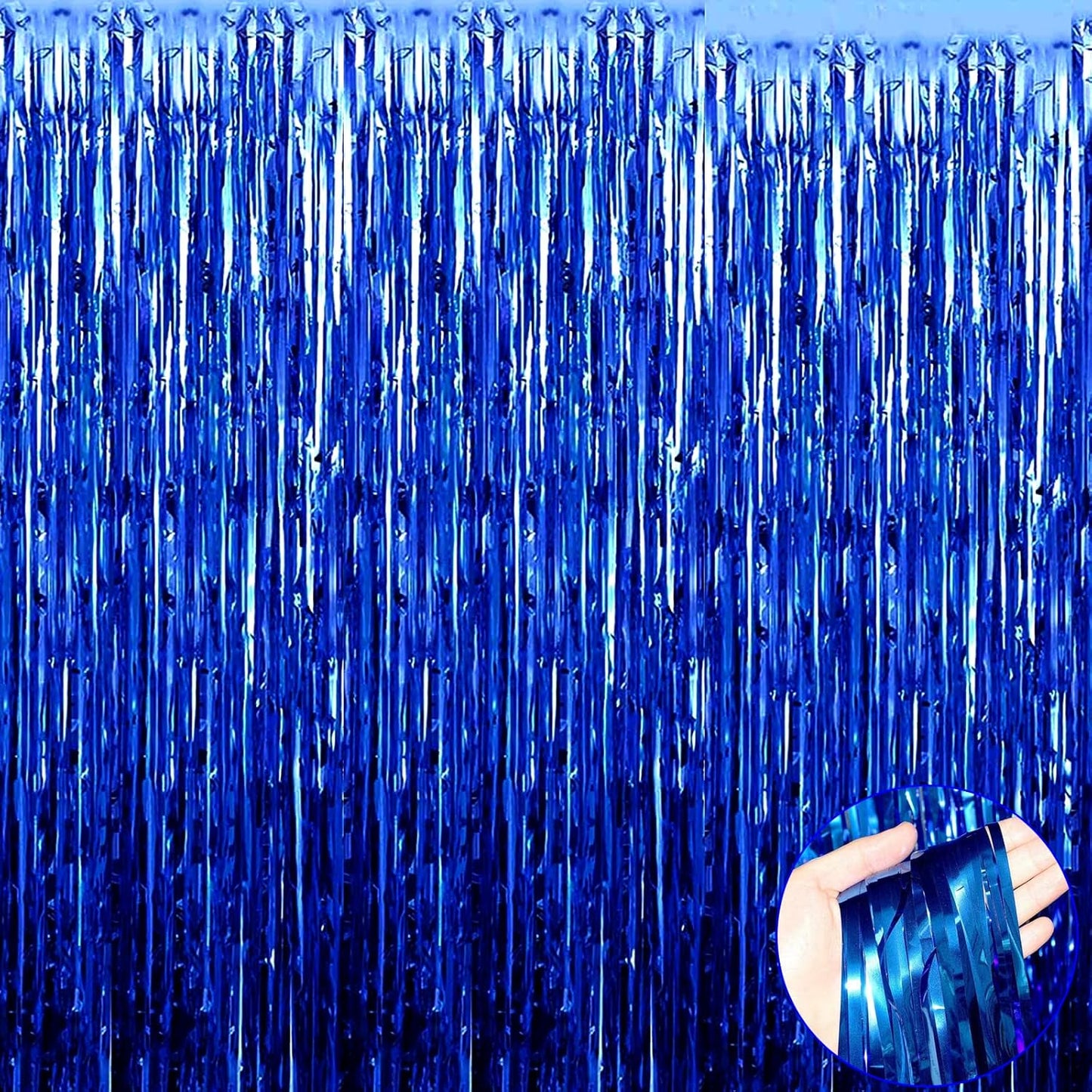 4 Pack Blue Foil Fringe Curtain Backdrop, 3.28Ft x 9.84Ft Metallic Tinsel Streamers for Sea Party, Photo Booth Props, Birthday, 2022 Summer Ocean Theme Party Decoration Supplies