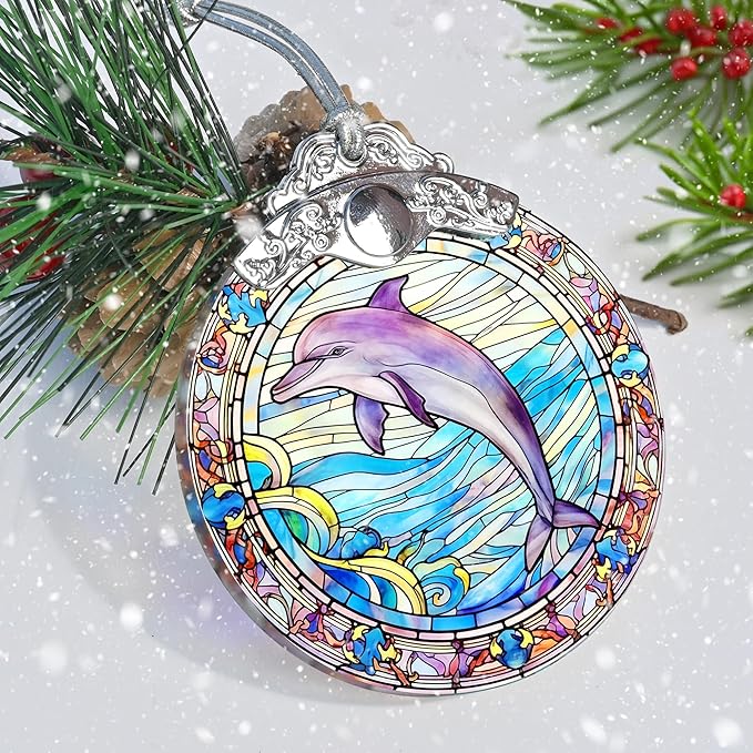 Stained Glass Christmas Ornament, Jocidea Dolphin Christmas Decorations, Christmas Tree Ornament, Dolphin Lovers Gifts, Holiday Decor and Xmas Gifts Ideas