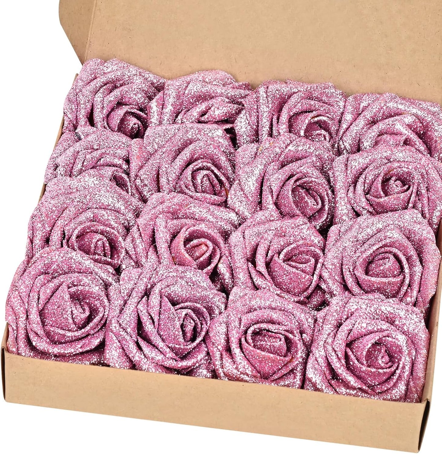 BLEUM CADE 16Pcs Artificial Flowers Fake Roses with Stems, Pink Glitter Boxed Foam Roses for DIY Bouquets Centerpieces Wedding Party Arrangement Bridal Shower Decor