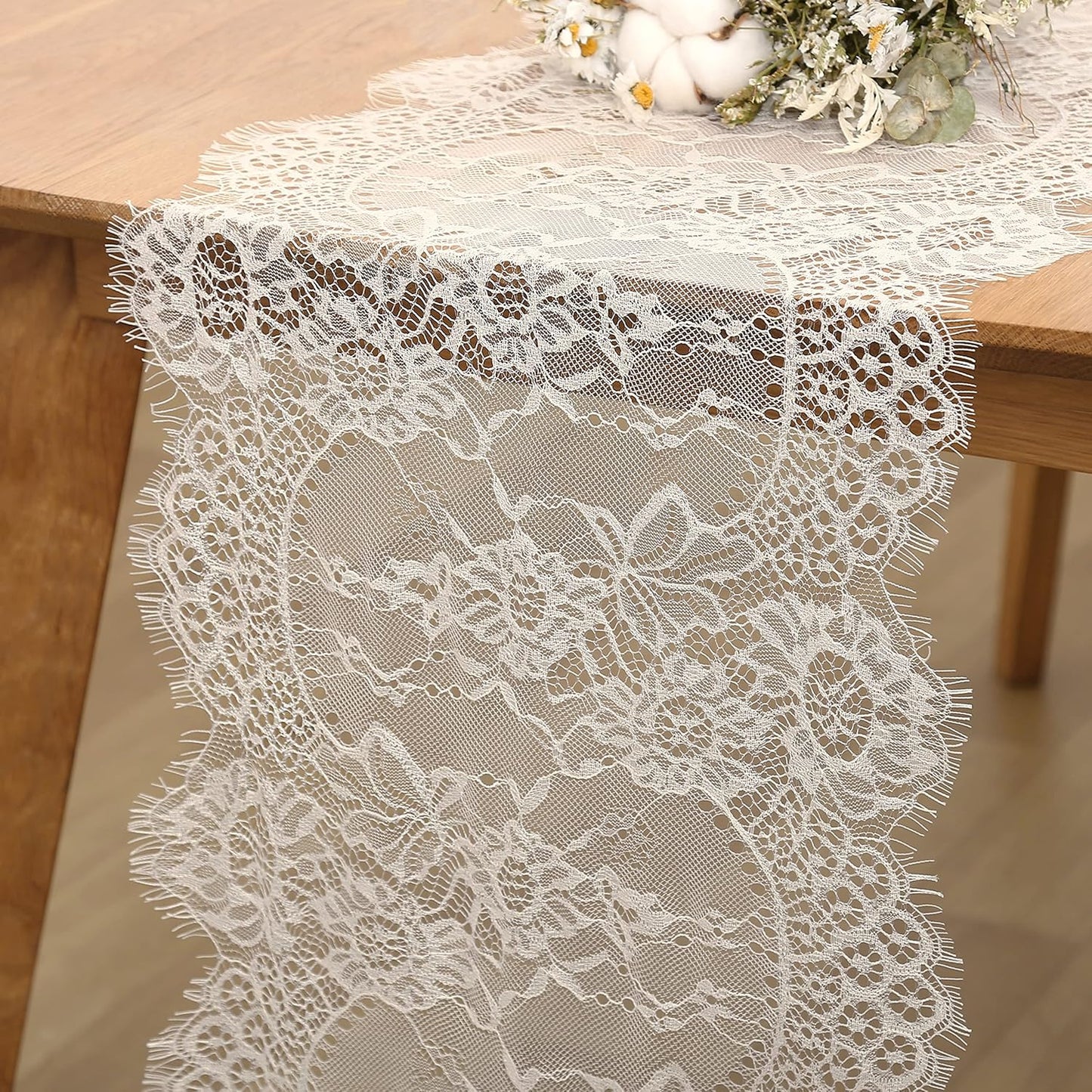 2 Pack Ivory Lace Table Runners 14x120 inch Rectangular Wedding Table Runner Chic Embroidered Chic Table Cloths for Wedding Party Romantic Decorations