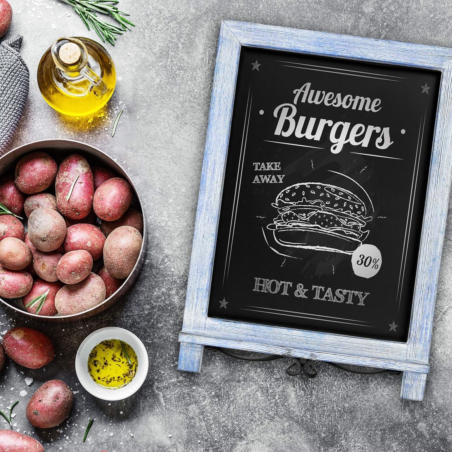 HBCY Creations Rustic Blue & White Tabletop Chalkboard with Legs/Vintage Wedding Table Sign/Small Kitchen Countertop Memo Board/Antique Wooden Frame (12" x 17", 5- Rustic Blue)