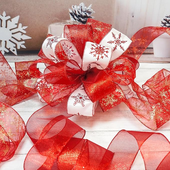 Christmas Tree Topper Bow - Bow: 11" sq. - Tails: 3 Yards Long Each - Red Snowflake