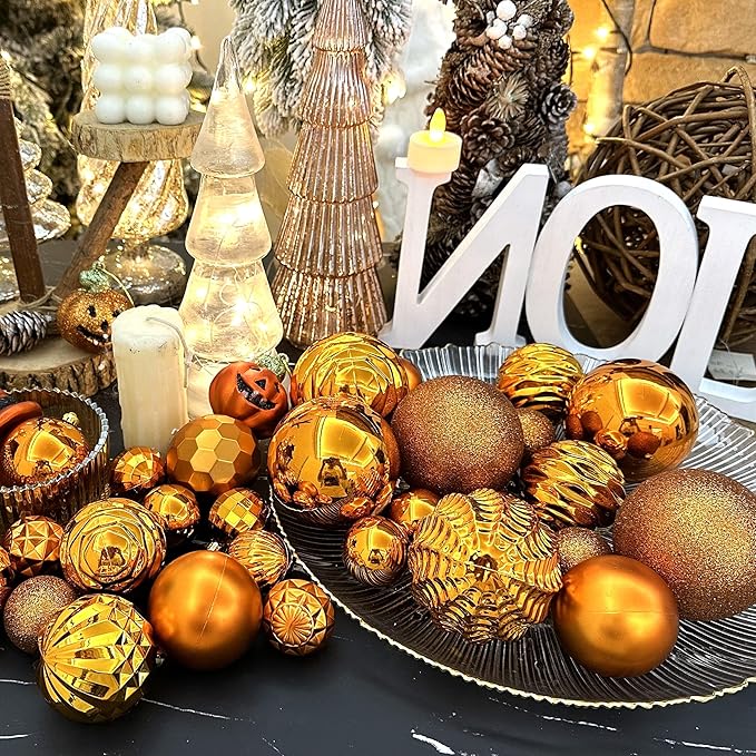 XmasExp 24ct Christmas Ball Ornaments Set Yellow Shatterproof Xmas Tree Hanging Decorations Perfect for Fall Thanksgiving Holiday Decor (Orange, 2.36")