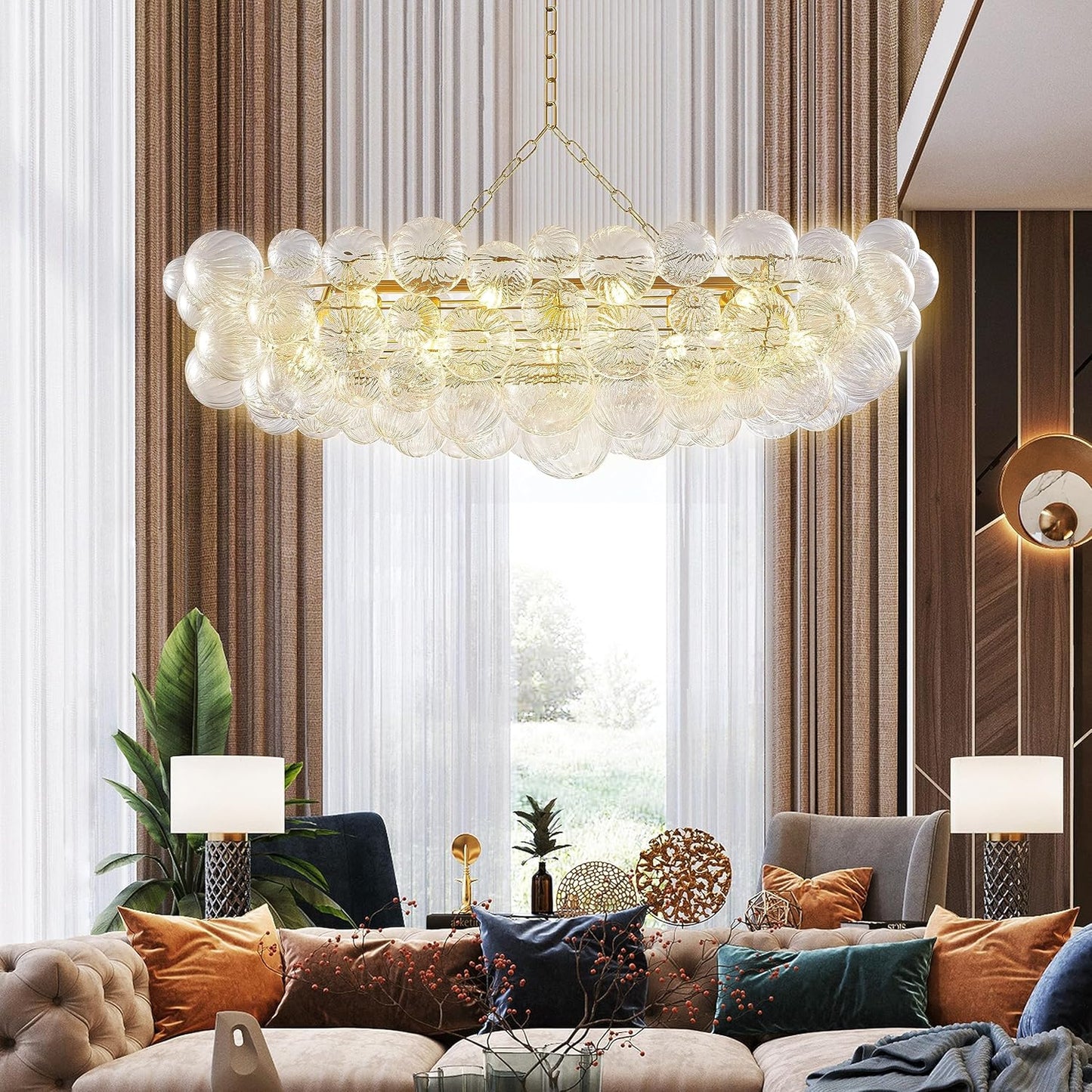 Nordic Bubble Ball Swirled Glass Chandelier 50 inch Rectangular Island Light Fixture Gild Gold and Clear Blown Glass Lighting for Dining Table, Living Room