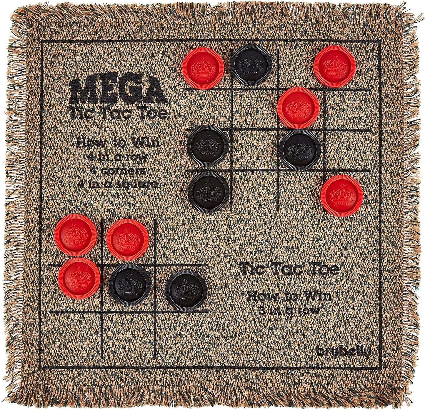 3-in-1 Mini Checkers Rug + Classic & Mega Tic Tac Toe - Portable Compact 12" x 12" Reversible Checkerboard Rug - Travel, Parties, Games on The Go, Family Board Game Night