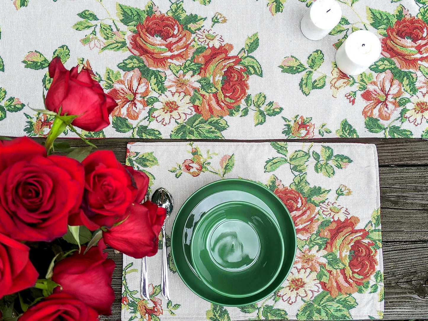 Tache Sweet Roses Spring Summer Traditional Country Vintage White Red Floral Decorative Woven Tapestry Kitchen Coffee Table Runners Scarfs, 13x72